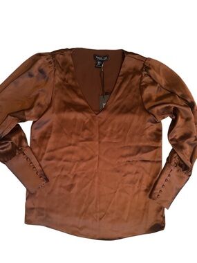 NEW Rachel Zoe Bishop Poet Sleeve Chocolate Brown Satin Silky Blouse XS